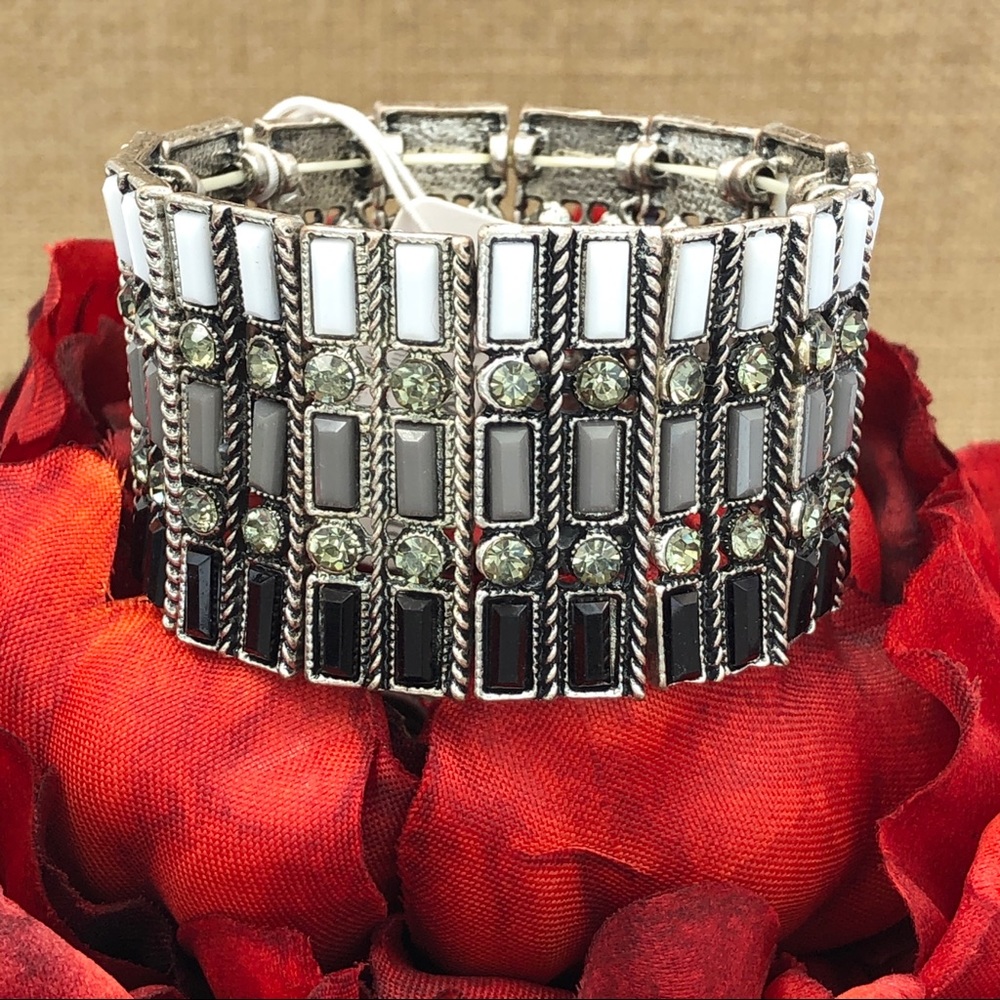 Wide Statement Black Grey White Stretch Bracelet